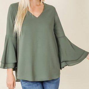 WOVEN WOOL DOBBY DOUBLE LAYERED BELL SLEEVE